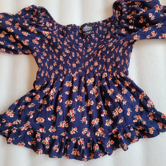 Boho Bell Sleeves Smocked Floral Print Top Ruffle Cottagecore Navy Blue XL - Picture 3 of 13